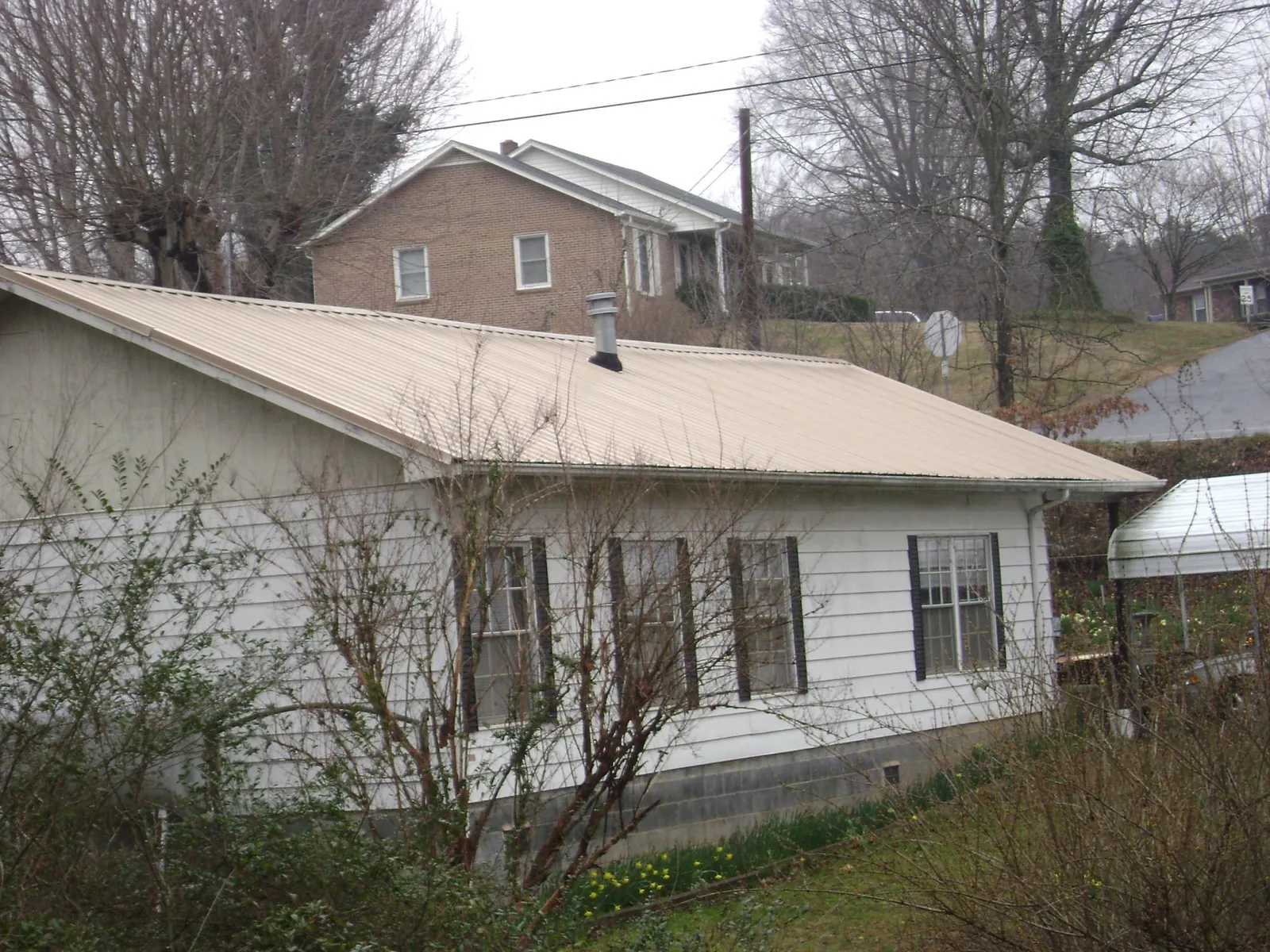 Tan metal roof on a white sided house set into a hillside — Commercial Roofing by Roofing Brothers in Ridgway